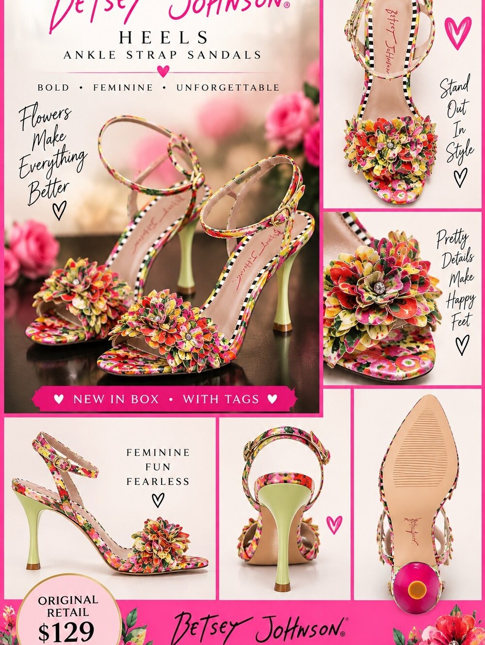 Betsey Johnson Multicolor Floral Ankle Strap Heels NIB